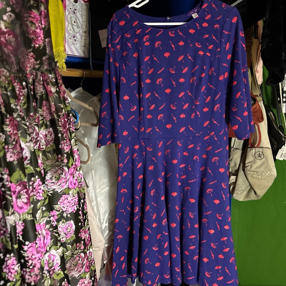 Unique Vintage Blue Fit And Flare Midi Red Umbrella Print Dress Size 0X